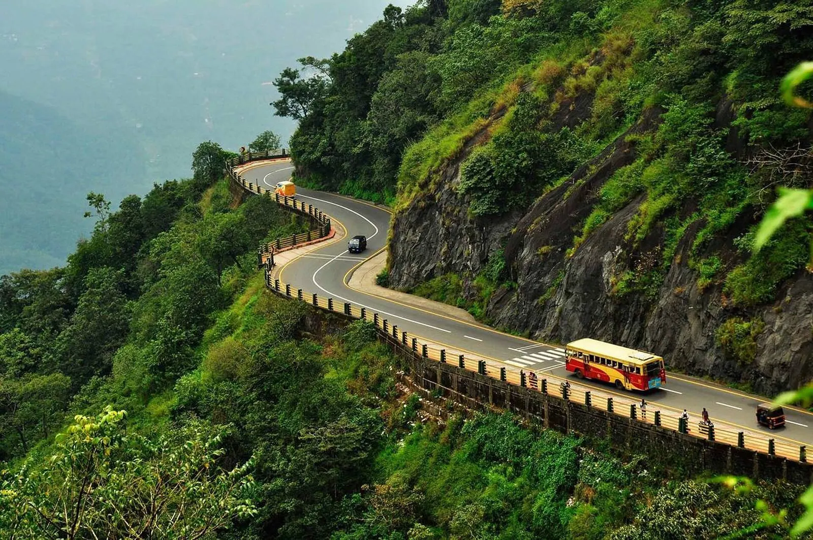 A bus working a hairpin bend on the Thamarassery ghat road into Wayanad